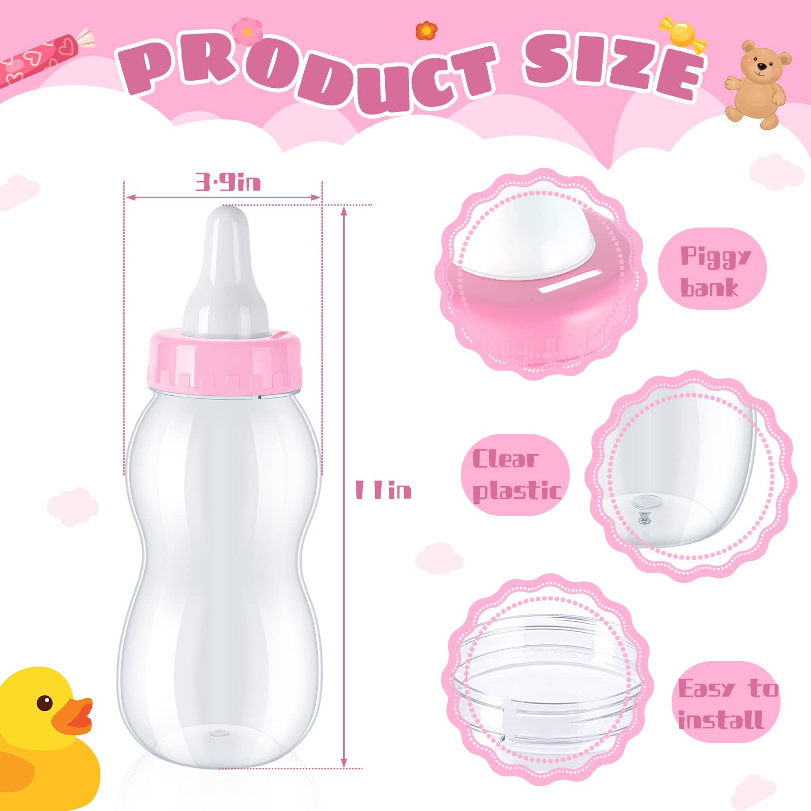 2 Pcs Candy 11 X 4 Inch Baby Bottle Bank Jumbo Plastic Bottles Piggy Bank For Baby Shower Party Games Favor Gift Decor(Pink)